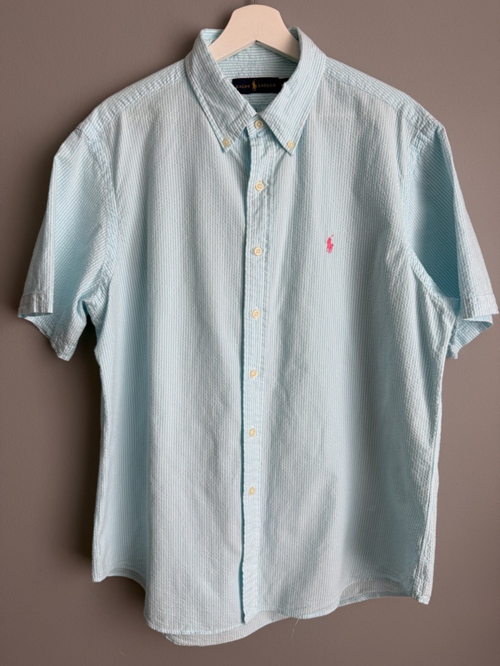 Ralph Lauren Shirt XL Short Sleeve Seersucker Blue Stripe Button Down Cotton